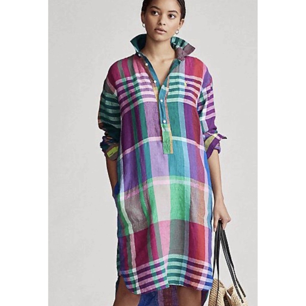 Polo Ralph Lauren Long Sleeve Tunic Womens 0‎ Multicolor Plaid Linen Pony